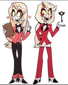 two cartoon characters dressed in red and black, one holding a key to the other's heart