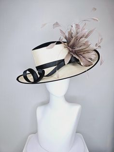 The Hat Doctor From the 2024 Featured Milliner of the Kentucky Derby Museum  Gorgeous Kentucky Derby hat  kentucky derby fascinator shantung silk ivory white wide brim hat with black satin rim details,and taupe beige feathers headband attachment each hat is totally one of a kind! no two are alike! I can probably add feathers, flowers etc to existing hats for a small fee. I cannot remove anything from existing hats. Just message me and see if we can make it work! :) I cannot make custom order fro Elegant Ostrich Feather Fascinator For Kentucky Derby, Elegant Adjustable Top Hat With Feather Trim, Cream Fitted Boater Hat For Royal Ascot, Cream Fitted Top Hat For Kentucky Derby, Elegant Beige Fascinator With Feathers, Fitted Beige Boater Hat For Kentucky Derby, Fitted Top Hat With Feather Trim For Kentucky Derby, Beige Top Hat For Royal Ascot Races, Elegant Mini Hats With Ostrich Feathers