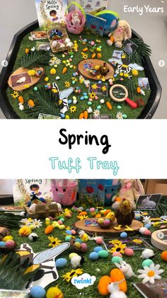 an assortment of toys and books on a table with the words spring in front of it