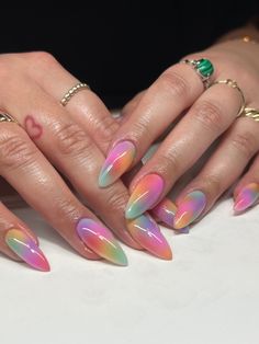 Edc Nails Designs Almond, Rainbow Gradient Nails, Different Color Hands Nails, Rainbow Aura Nails, Pansexual Nails, Sherbet Nails, Psychadelic Nails, Bisexual Nails, Subtle Pride Nails