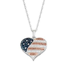 "Decorated with round-cut red, white and blue diamonds, this heart necklace beautifully conveys your patriotism. PENDANT DETAILSPendant length: .65 in.Chain length: 18 in.Clasp: spring-ringMetal: white rhodium-plated sterling silver, pink rhodium-plated sterling silver, blue rhodium-plated sterling silverDIAMOND DETAILSTotal weight: 1/4 ct.Shape: roundColor: red, white, blueColor grade: I-JClarity: I2-I3Setting: prongImage(s) may be enlarged to show detail.Diamond weights are approximate. Diamon Silver Jewelry For 4th Of July Gift, Silver Jewelry Gift For 4th Of July, Patriotic American Flag Jewelry For Independence Day, American Flag Jewelry For Independence Day Gift, Patriotic White Jewelry For 4th Of July, Patriotic American Flag Jewelry Gift, Patriotic American Flag Jewelry For 4th Of July, Blue Jewelry For Independence Day Gift, American Flag Jewelry For 4th Of July Gift