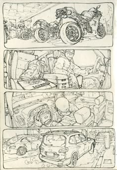 the storyboard shows how to draw motorcycles and cars in different stages of development, from an old comic book