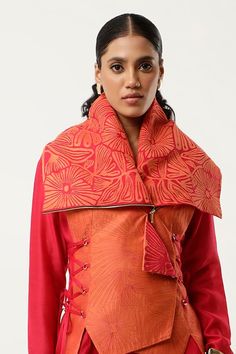 Pink and orange jacket with floral cutwork and draped collar. Paired with matching asymmetric kurta and pant. - Aza Fashions Floral Cutwork, Asymmetric Kurta, Draped Collar, Kurta Set For Women, Orange Jacket, Floral Jacket, Silk Organza, Work Jackets, Kurta Set