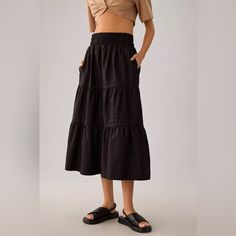 Anthropologie Somerset Maxi Skirt, Black , Size Xxs This Maxi Skirt Has A Flowing A-Line Silhouette, Flattering Smocked Waist, And On-Trend Tiers. Nwt Size: Xxs Color: Black Maxi Length Tiered A-Line Silhouette Side Slant Pockets Smocked Pull-On Waist Machine Wash Cotton Approx. Measurements: Waist: 11” Laid Flat, Stretches To 13” Skirt Petite, Not Interested, One Year Ago, Maxi Skirts, Black Maxi, Lost Weight, Skirt Black, Somerset, Smocking