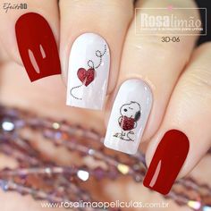 Snoopy Nails, Nails Valentine, Red Nail Art Designs, Nails Heart, Nails Valentines, Red Nail Art, Valentine Nail Art, February Nails, Valentine Nails