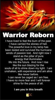 the poem for warrior reborn, written in black and red with flames on it