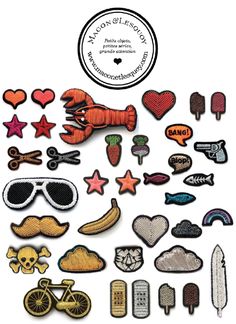 various patches and pins are arranged in the shape of hearts, sunflowers, stars, mustaches, sunglasses, skateboards, and other items