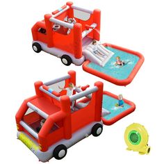 two inflatable vehicles with people swimming on the inside and outside, set against a white background