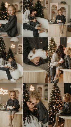 a collage of photos shows a woman and her child sitting on a couch in front of a christmas tree