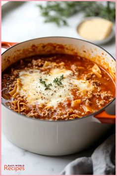 a pot filled with pasta and sauce on top of a table