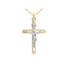 Yellow and white gold construction offers lasting beauty. Details: 1 1/8-in. pendant 18-in. 14k gold-filled chain Spring-ring clasp 10k white & yellow gold Size: One Size. Gender: female. Age Group: adult. 10k Gold, Spring Rings, Gender Female, Cross Necklace, Gold Filled, Two Tone, Age Group, Fine Jewelry, White Gold