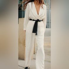 Nwt-Zara Jumpsuit With Matching Belt- Xl (2 Available) Chic Beige Long Sleeve Pantsuit, Chic Beige Jumpsuits And Rompers For Work, Beige V-neck Jumpsuits And Rompers For Night Out, Zara Long Sleeve Jumpsuits And Rompers For Party, Zara Long Sleeve Jumpsuit For Party, Zara Long Sleeve Party Jumpsuits And Rompers, Cream Fitted Long Sleeve Jumpsuits And Rompers, Fitted Cream Long Sleeve Jumpsuits And Rompers, Cream Fitted Long Sleeve Jumpsuit