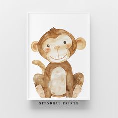 a watercolor painting of a monkey with the words stendral prints on it