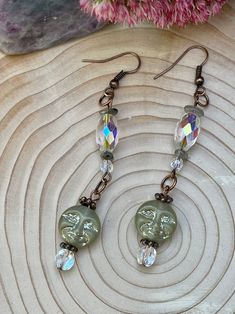 Green czech glass moon faces with czech glass and labradorite chips on copper wire Moon Face Earrings, Moon Face, Face Earrings, Sun Designs, Jewelry Maker, Czech Beads, Glass Earrings, Copper Wire, Czech Glass