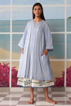 Designer Dresses Collection Buy Online for women at Ensemble Blue Gingham Dress, Blue Cotton Dress, Designer Dresses For Women, Layered Dress, Applique Dress, Layer Dress, Dyed Dress, Gingham Dress, Halterneck Dress