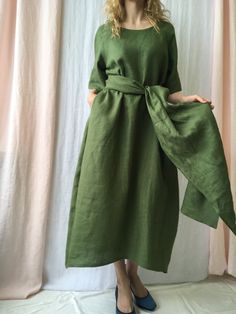 "Linen dress for women with belt, it's elegant, minimalist, and is sure to compliment every occasion, from formal gatherings to outings with friends. Made from 100% European flax, length in front is ± 120 cm(47\"), on back 138 cm(54\") Before placing an order, check the approximate measurements given below. If you are unsure about your size or would like to adjust the length of the item, you could leave your personal measurements (height, bust, waist and hips) in a personalization box. SIZE and Plain Linen Spring Dress, Solid Color Tunic Dress With Relaxed Fit, Plain Relaxed Fit Linen Dresses, Solid Tunic Dress For Spring, Solid Color Tunic Dress For Spring, Elegant Linen Dress With Relaxed Fit, Linen Maxi Dress With Tie Waist, Elegant Relaxed Fit Linen Dress, Relaxed Fit Belted Linen Dress