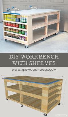 the diy workbench with shelvings is shown in two different views