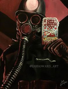 a painting of a man wearing a gas mask and holding a cell phone in his hand