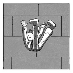 a drawing of a man falling off the side of a brick wall with his hands in the air