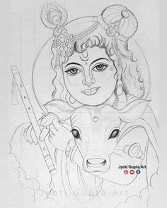 pencil drawing of goddess with cow in her hand and the word'bhaji gita art'written on it