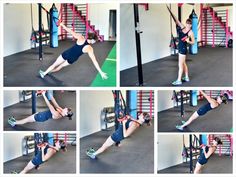 the woman is doing exercises with her hands and legs in front of an exercise rack