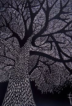 a drawing of a tree with white leaves