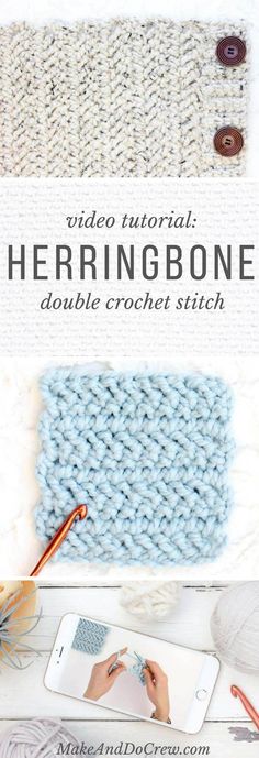 the herringbone double crochet stitch pattern is shown with yarn, scissors and knitting needles