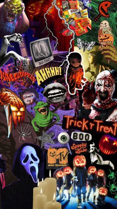 a collage of halloween stickers and candles with the words trick'n treat on them