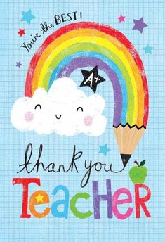 a thank card for teacher with a rainbow and pencil in the sky, stars and clouds