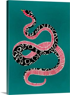 a painting of a snake with red and black stripes on it's head, against a teal background