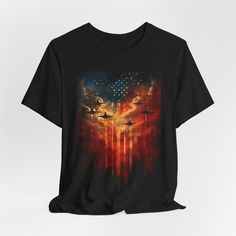 Elevate your wardrobe with a powerful statement in fashion — the "Freedom Flight: Patriotic Skyline T-Shirt" embodies the spirit of liberty and the thrill of the skies. This exclusive tee features a bold and vivid print that captures the essence of valor with a stunning display of fighter jets soaring across a star-spangled sky, blended seamlessly into a striking sunset. Each shirt is a canvas of heroism, designed to evoke pride and a sense of unity in every thread. Crafted for comfort and style, this t-shirt isn't just apparel; it's a tribute to the fearless hearts that fly high and the dreamers who reach for the stars. Perfect for the Fourth of July, Veterans Day, or any day you want to make a statement of freedom and courage. Stand out with a look that speaks volumes and wear your pride Black Graphic Print T-shirt For 4th Of July, Black Flag Print Top For Streetwear, Black Graphic Tee With American Flag Print, Independence Day Graphic Print Tops For Streetwear, Graphic Print Tops For Independence Day Streetwear, Black T-shirt With American Flag Print For Summer, Black Graphic T-shirt For Independence Day, Black Graphic Print T-shirt For Independence Day, Patriotic Black Shirt With Graphic Print