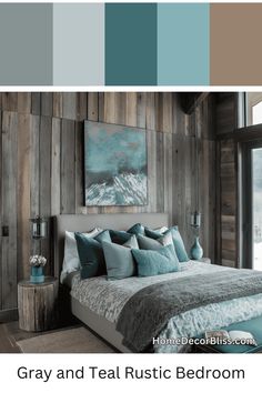 a bedroom with wood paneling and gray and teal bedding in the foreground