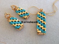 two pieces of jewelry made out of gold and turquoise beads