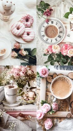 a collage of pink flowers, donuts and coffee