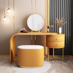 a vanity with a mirror, stool and vase on the floor in front of it