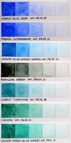 watercolor swatches showing different shades of blue, green and white ink on paper