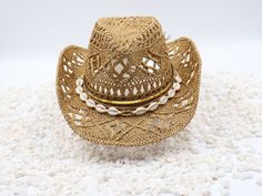 Gold and Seashells on Natural Cowboy Hat - Golden Life - Gold Mirror Band - Shapeable 100% Cotton Straw Outdoor Breathable Sturdy BoxThis is a comfortable cowboy hat to wear to the beach, concerts or rodeo. It's always ready to keep you shaded. Material: Durable natural woven straw Hat Size: US Hat Size 7 1/4 - 7 1/2 Hat Crown: 12cm Hat Brim: 8cm Color: Straw Size fits up to 23.5 inches 58cm-60cm Free Hat Retainer with each Hat Order Adjustable Gold Hat Band For Beach, Gold Beach Hat, One Size Fits Most, Gold Summer Hats As Gifts, Gold Summer Hat As Gift, Costal Cowgirl, Golden Life, Morgan Wallen, Kenny Chesney, Summer Fits