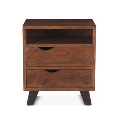 a wooden nightstand with two drawers on one side and an open drawer on the other