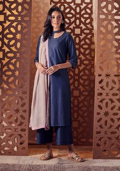 Charkhee-Navy Blue Kurta Set-INDIASPOPUP.COM Navy Blue Kurta, Kurta And Palazzo, Kurta Palazzo Set, Blouse Yoke, Blue Kurta, Printed Dupatta, Palazzo Set, Unique Outfit, Kurta Set