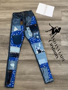 Bandana Pants, Bandana Jeans, Demin Jeans, Reworked Clothes, Cute Ripped Jeans, Custom Pants, Birthday Clothes