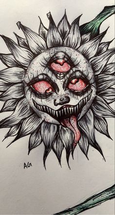 a drawing of a sunflower with red eyes and an evil grin on it's face