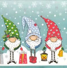 three gnomes are standing next to each other in front of snowflakes and presents