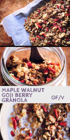 three different views of granola with maple walnut and goji berry toppings on top