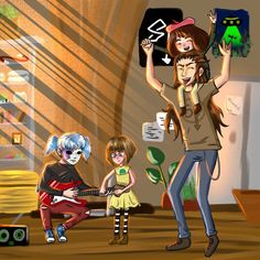 two children and an adult playing guitar in a room