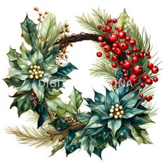 a christmas wreath with holly, berries and mists on it's sides is shown