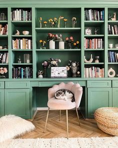 a cat sitting in a pink chair next to a bookshelf filled with lots of books