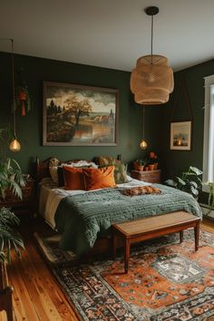 a bedroom with green walls, wooden floors and a large rug on the floor in front of the bed