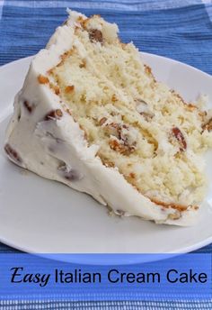 a piece of cake on a plate with the words easy italian cream cake above it