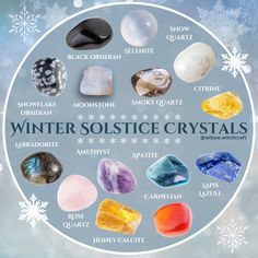 a circle with different types of crystals in the center and snowflakes around it