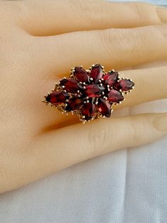 "Stunning 10K Solid Gold 11 Garnets 7+ctw Faceted Marquise Gemstones Ring Branch Split Band Exquisite Hallmark 10K CI Grams  7.3 Width 1.23\" x 0.80\" Visit Our Etsy Shops HauteCoutureLaLa TrendsCouture  BeautifulPatina  LastingTrends  BorrowedTrends" Collectible Garnet Gemstone Ring, Formal Cluster Jewelry With Gemstone Accents, Red Multi-stone Cluster Jewelry, Garnet Cluster Jewelry For Anniversary, Collectible Cluster Gemstone Rings, Cluster Ring With Gemstone Accents, Cluster Ring With Gemstone Accents Gift, Cluster Rings With Gemstone Accents For Gift, Collectible Cluster Fine Jewelry